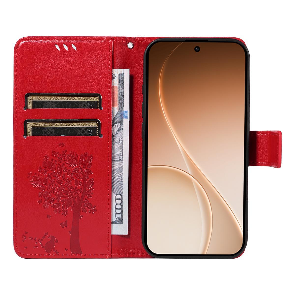 For Honor 600 Smart 5G Tree & Cat Embossed Pattern Flip Leather Phone Case - Red - EDA006653719G