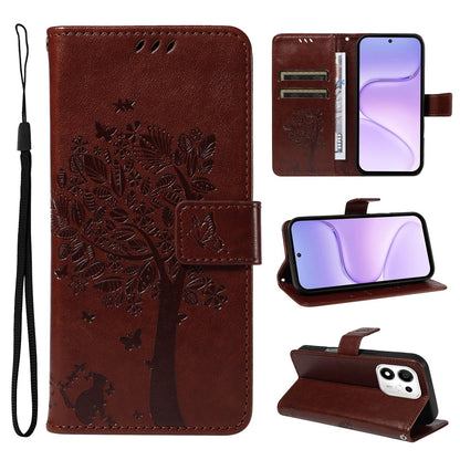 For Honor 600 Smart 5G Tree & Cat Embossed Pattern Flip Leather Phone Case - Coffee - EDA006653719H