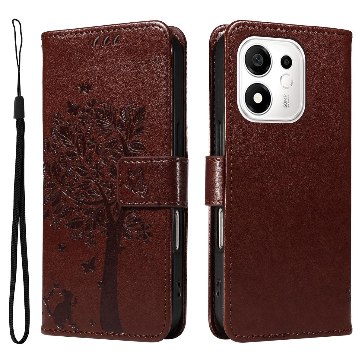 For Honor 600 Smart 5G Tree & Cat Embossed Pattern Flip Leather Phone Case - Coffee - EDA006653719H