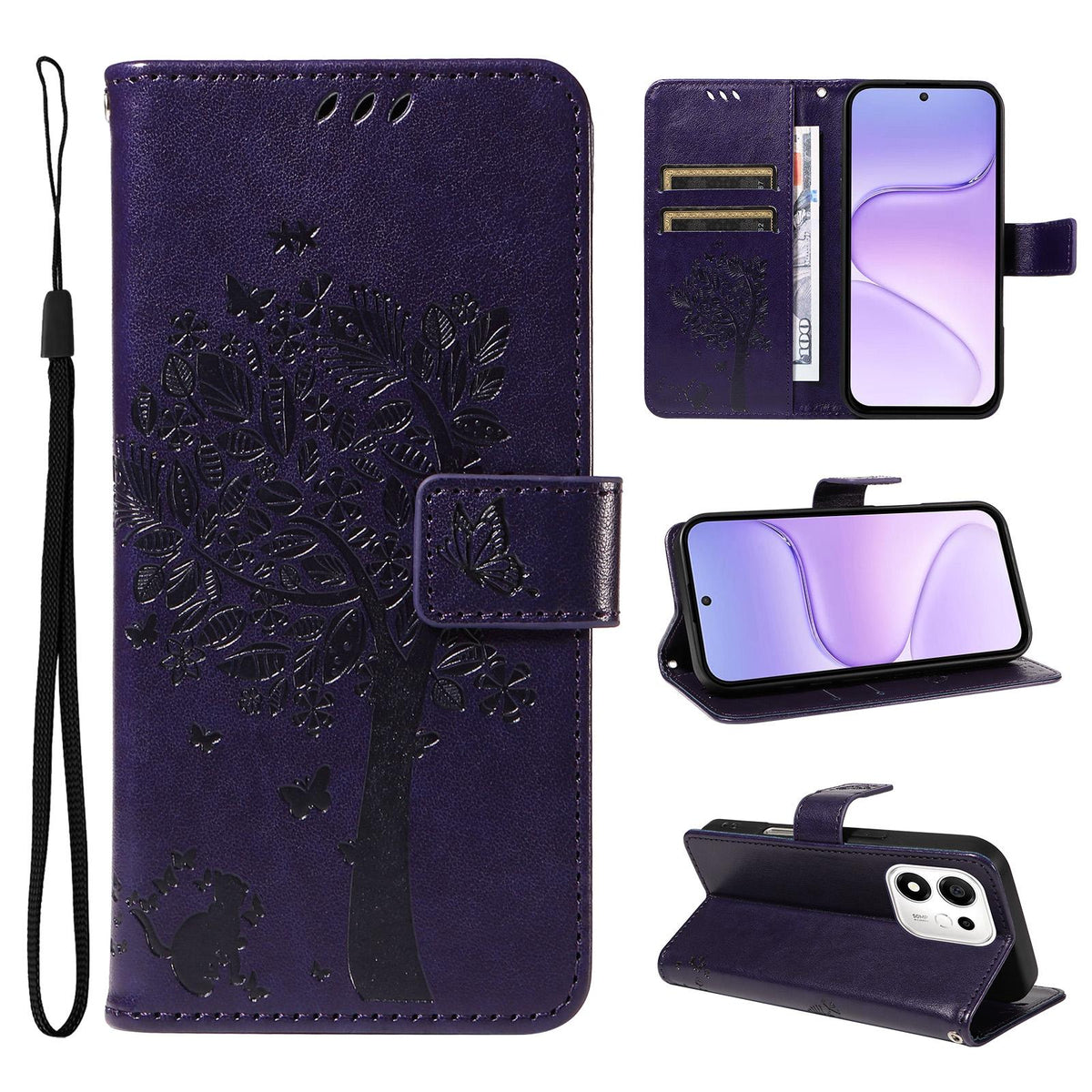 For Honor 600 Smart 5G Tree & Cat Embossed Pattern Flip Leather Phone Case - Purple - EDA006653719I