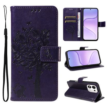 For Honor 600 Smart 5G Tree & Cat Embossed Pattern Flip Leather Phone Case - Purple - EDA006653719I
