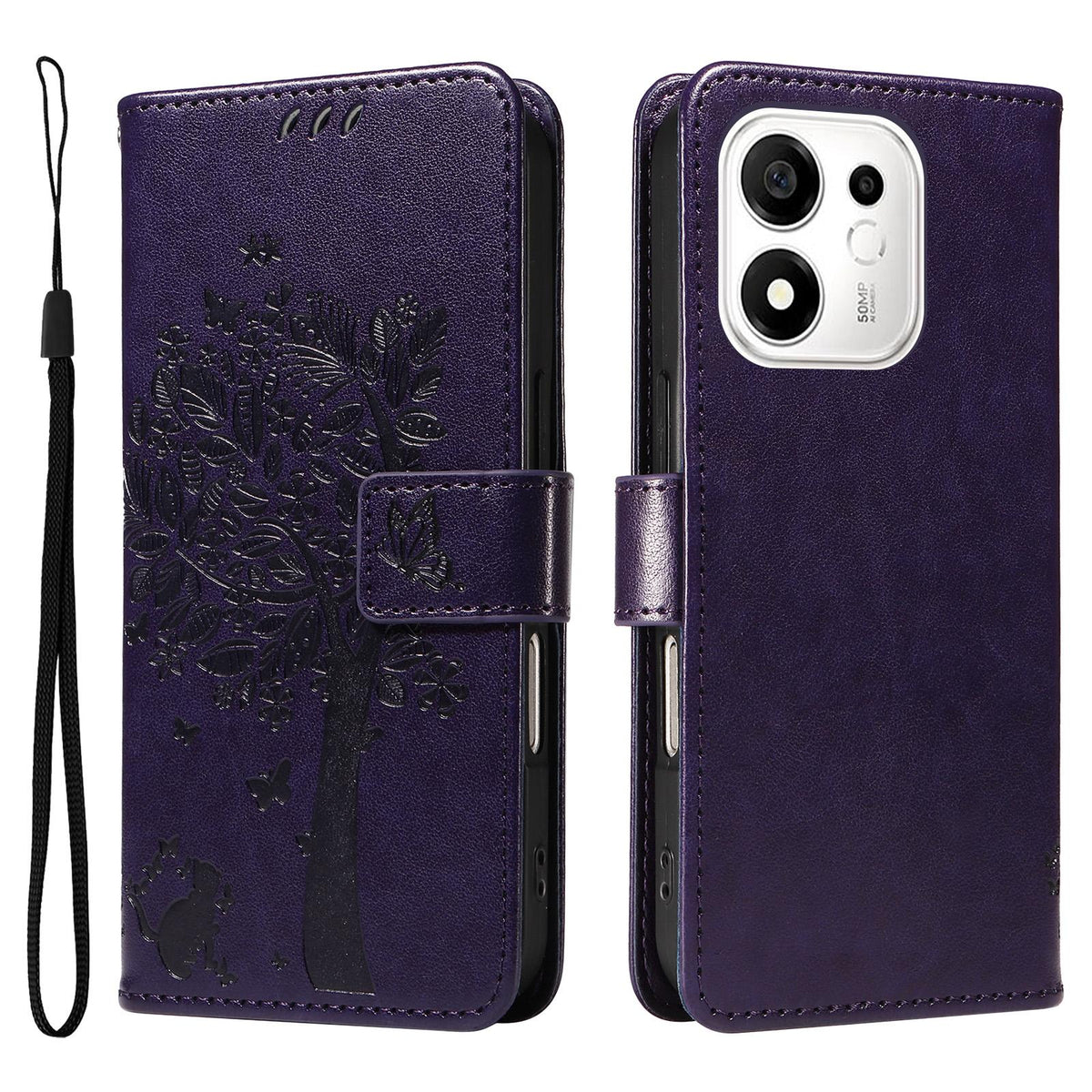 For Honor 600 Smart 5G Tree & Cat Embossed Pattern Flip Leather Phone Case - Purple - EDA006653719I