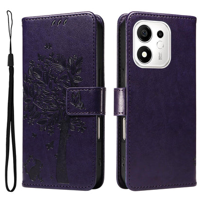 For Honor 600 Smart 5G Tree & Cat Embossed Pattern Flip Leather Phone Case - Purple - EDA006653719I
