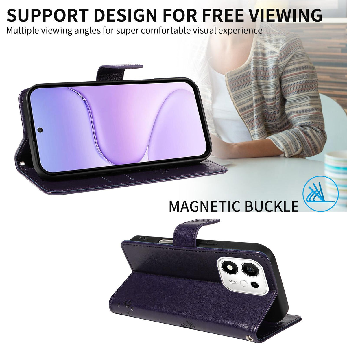 For Honor 600 Smart 5G Tree & Cat Embossed Pattern Flip Leather Phone Case - Purple - EDA006653719I