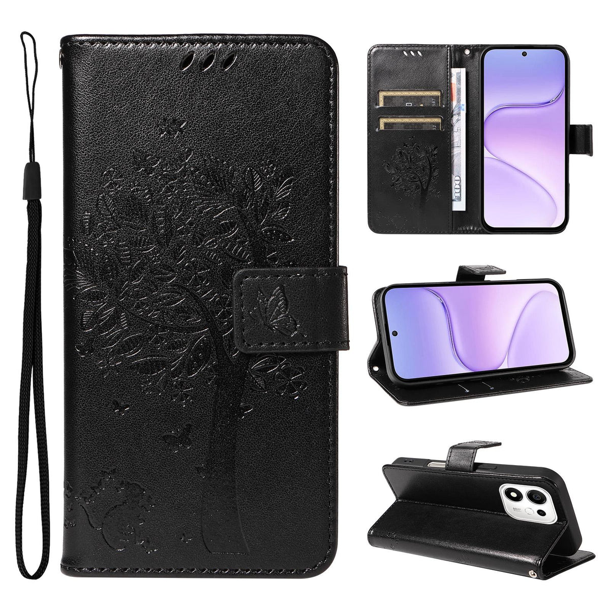 For Honor 600 Smart 5G Tree & Cat Embossed Pattern Flip Leather Phone Case - Black - EDA006653719J