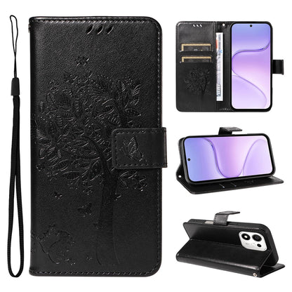 For Honor 600 Smart 5G Tree & Cat Embossed Pattern Flip Leather Phone Case - Black - EDA006653719J
