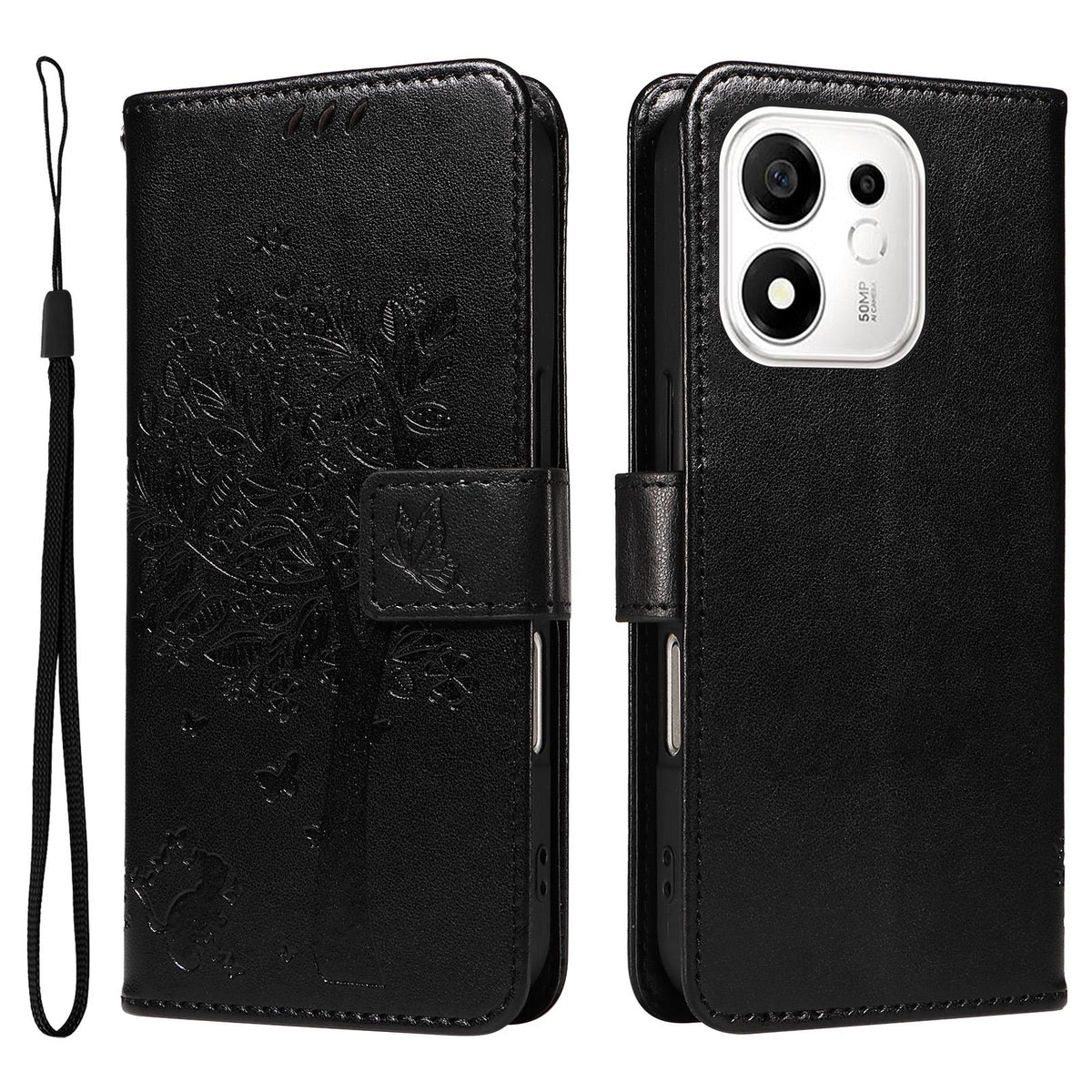 For Honor 600 Smart 5G Tree & Cat Embossed Pattern Flip Leather Phone Case - Black - EDA006653719J