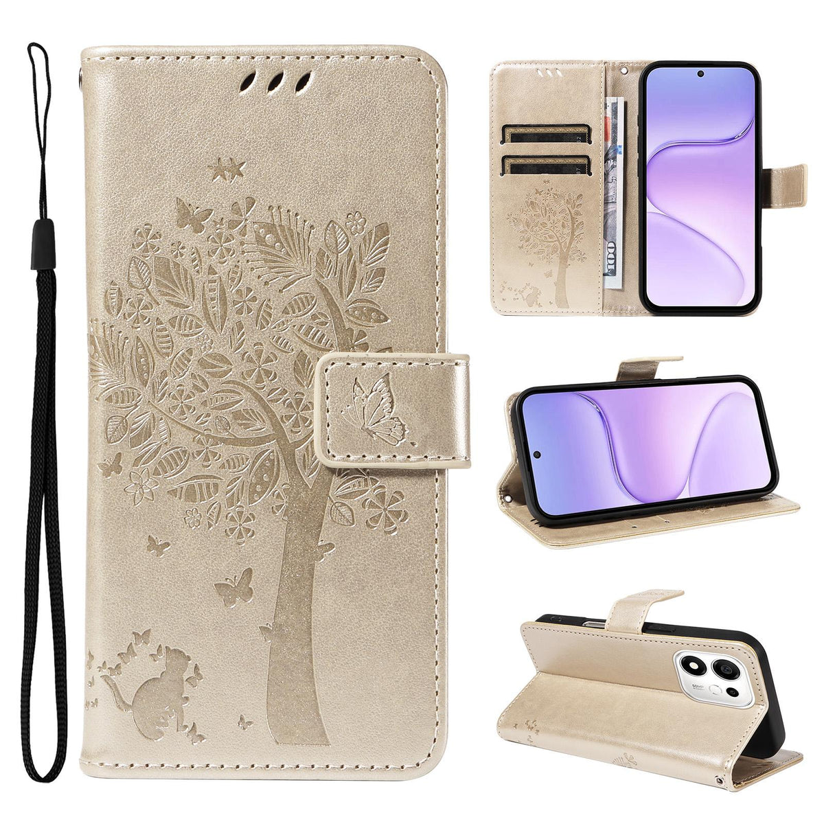 For Honor 600 Smart 5G Tree & Cat Embossed Pattern Flip Leather Phone Case - Gold - EDA006653719K