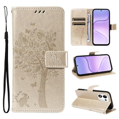 For Honor 600 Smart 5G Tree & Cat Embossed Pattern Flip Leather Phone Case - Gold - EDA006653719K