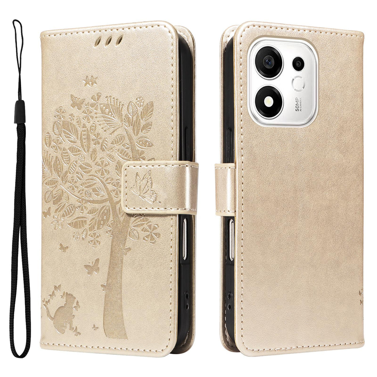 For Honor 600 Smart 5G Tree & Cat Embossed Pattern Flip Leather Phone Case - Gold - EDA006653719K