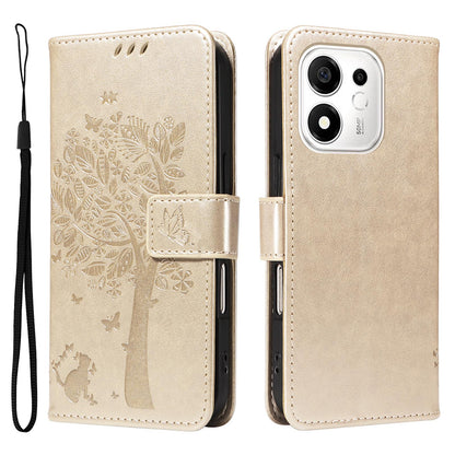 For Honor 600 Smart 5G Tree & Cat Embossed Pattern Flip Leather Phone Case - Gold - EDA006653719K
