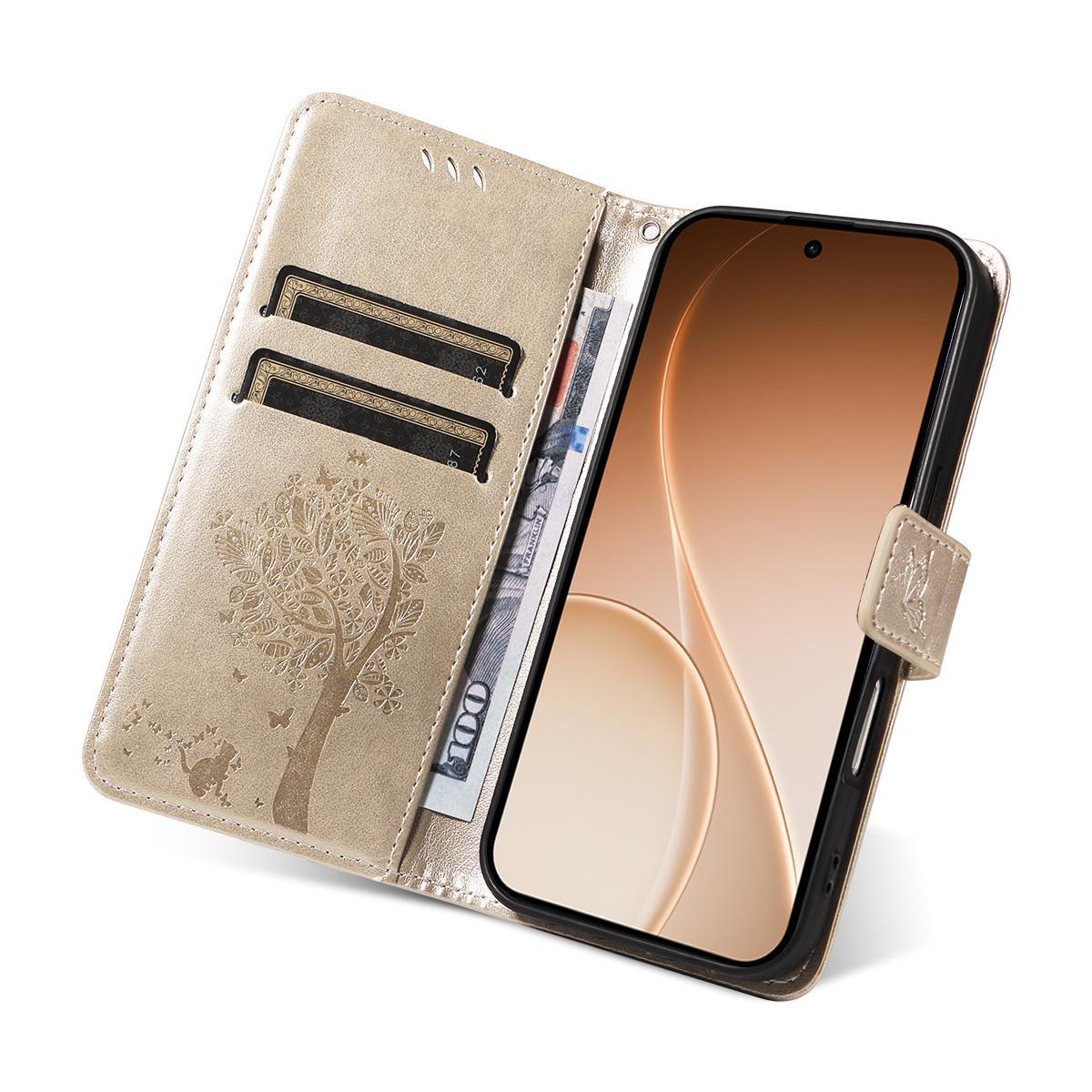 For Honor 600 Smart 5G Tree & Cat Embossed Pattern Flip Leather Phone Case - Gold - EDA006653719K