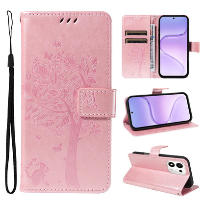For Honor 600 Smart 5G Tree & Cat Embossed Pattern Flip Leather Phone Case - Rose Gold - EDA006653719L