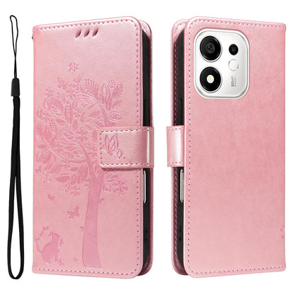 For Honor 600 Smart 5G Tree & Cat Embossed Pattern Flip Leather Phone Case - Rose Gold - EDA006653719L