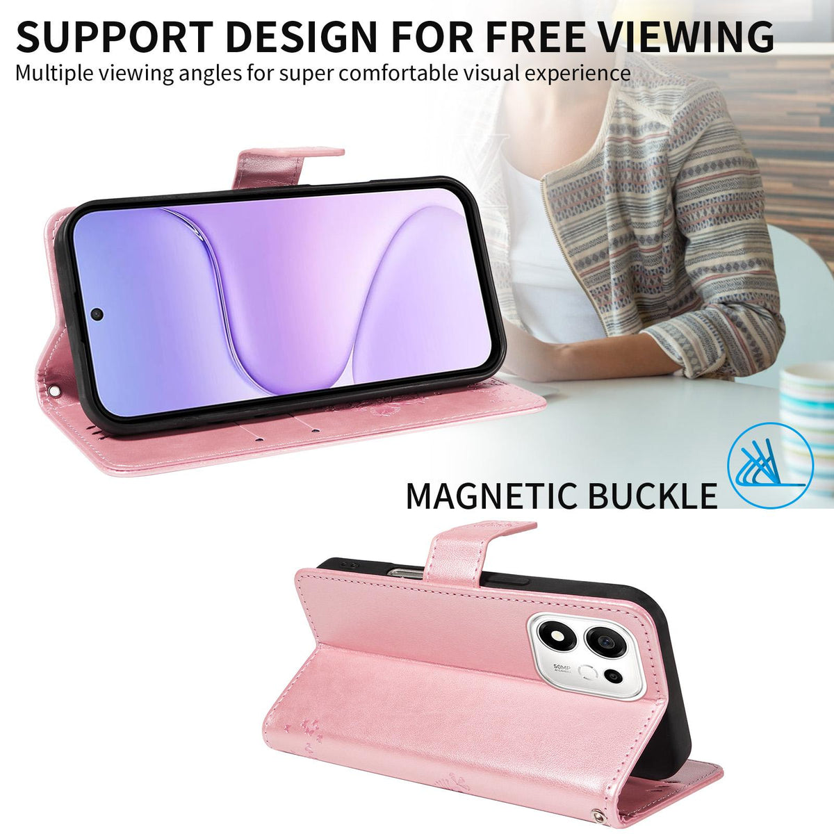 For Honor 600 Smart 5G Tree & Cat Embossed Pattern Flip Leather Phone Case - Rose Gold - EDA006653719L