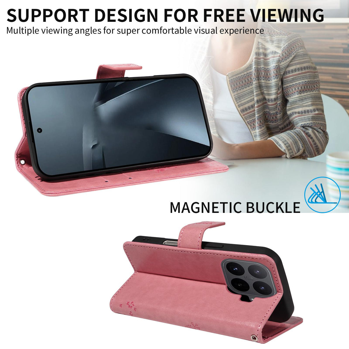 For Xiaomi 17T Pro 5G Global Tree & Cat Embossed Pattern Flip Leather Phone Case - Pink - EDA006653814A