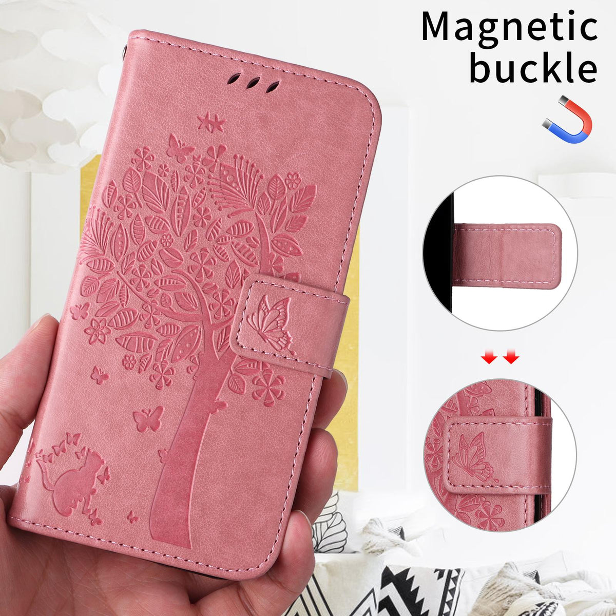 For Xiaomi 17T Pro 5G Global Tree & Cat Embossed Pattern Flip Leather Phone Case - Pink - EDA006653814A
