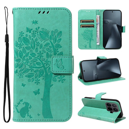 For Xiaomi 17T Pro 5G Global Tree & Cat Embossed Pattern Flip Leather Phone Case - Green - EDA006653814B