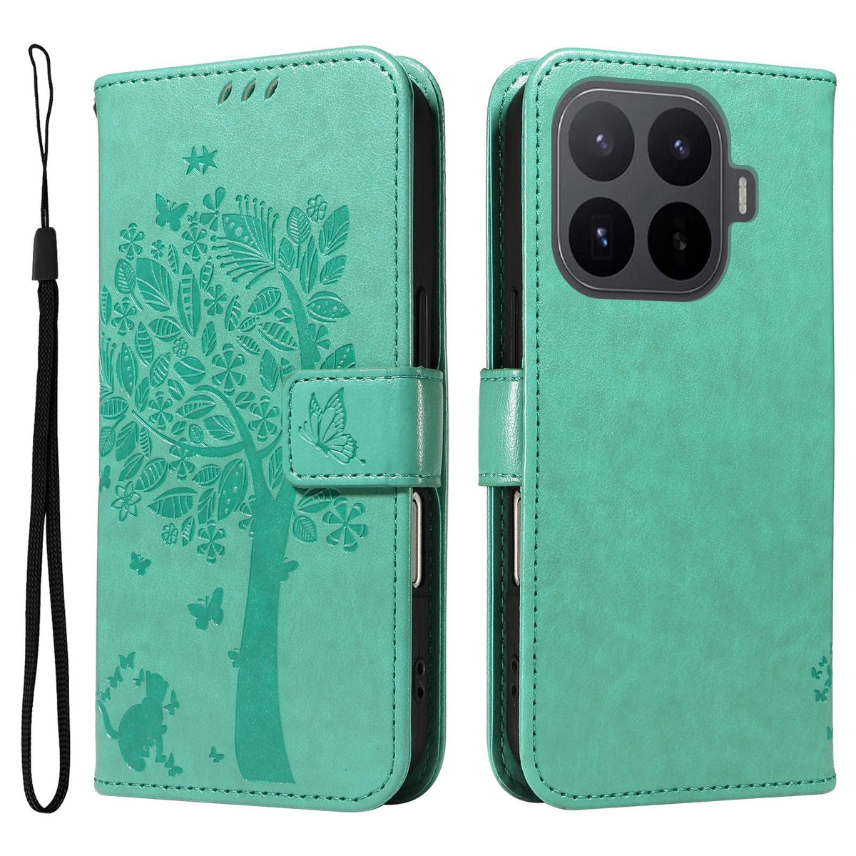 For Xiaomi 17T Pro 5G Global Tree & Cat Embossed Pattern Flip Leather Phone Case - Green - EDA006653814B