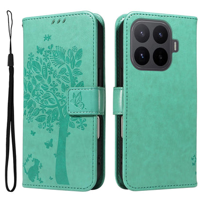 For Xiaomi 17T Pro 5G Global Tree & Cat Embossed Pattern Flip Leather Phone Case - Green - EDA006653814B