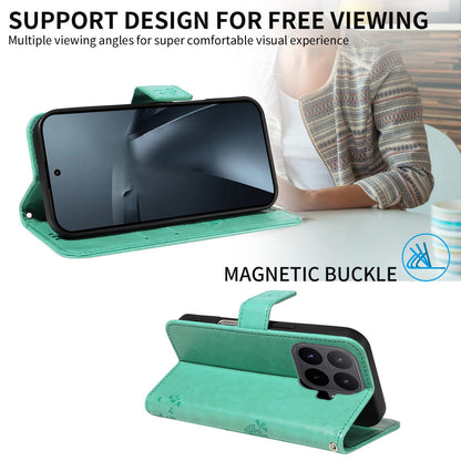 For Xiaomi 17T Pro 5G Global Tree & Cat Embossed Pattern Flip Leather Phone Case - Green - EDA006653814B