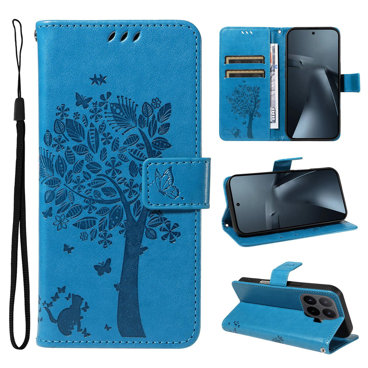 For Xiaomi 17T Pro 5G Global Tree & Cat Embossed Pattern Flip Leather Phone Case - Blue - EDA006653814D