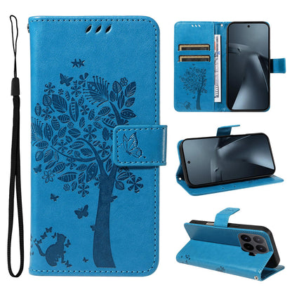 For Xiaomi 17T Pro 5G Global Tree & Cat Embossed Pattern Flip Leather Phone Case - Blue - EDA006653814D