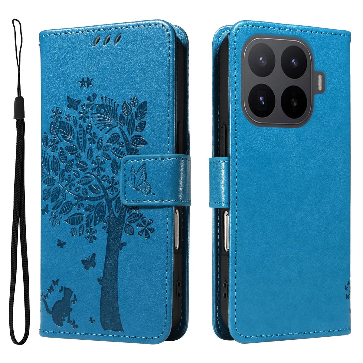 For Xiaomi 17T Pro 5G Global Tree & Cat Embossed Pattern Flip Leather Phone Case - Blue - EDA006653814D