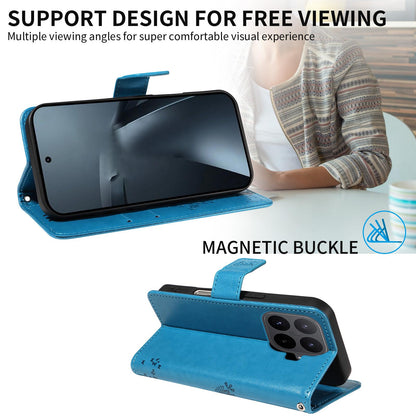 For Xiaomi 17T Pro 5G Global Tree & Cat Embossed Pattern Flip Leather Phone Case - Blue - EDA006653814D