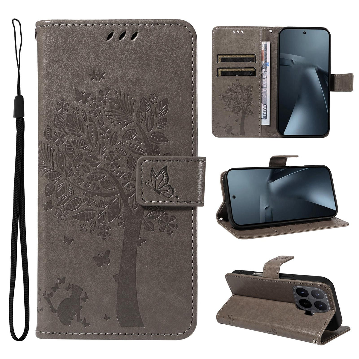 For Xiaomi 17T Pro 5G Global Tree & Cat Embossed Pattern Flip Leather Phone Case - Grey - EDA006653814E