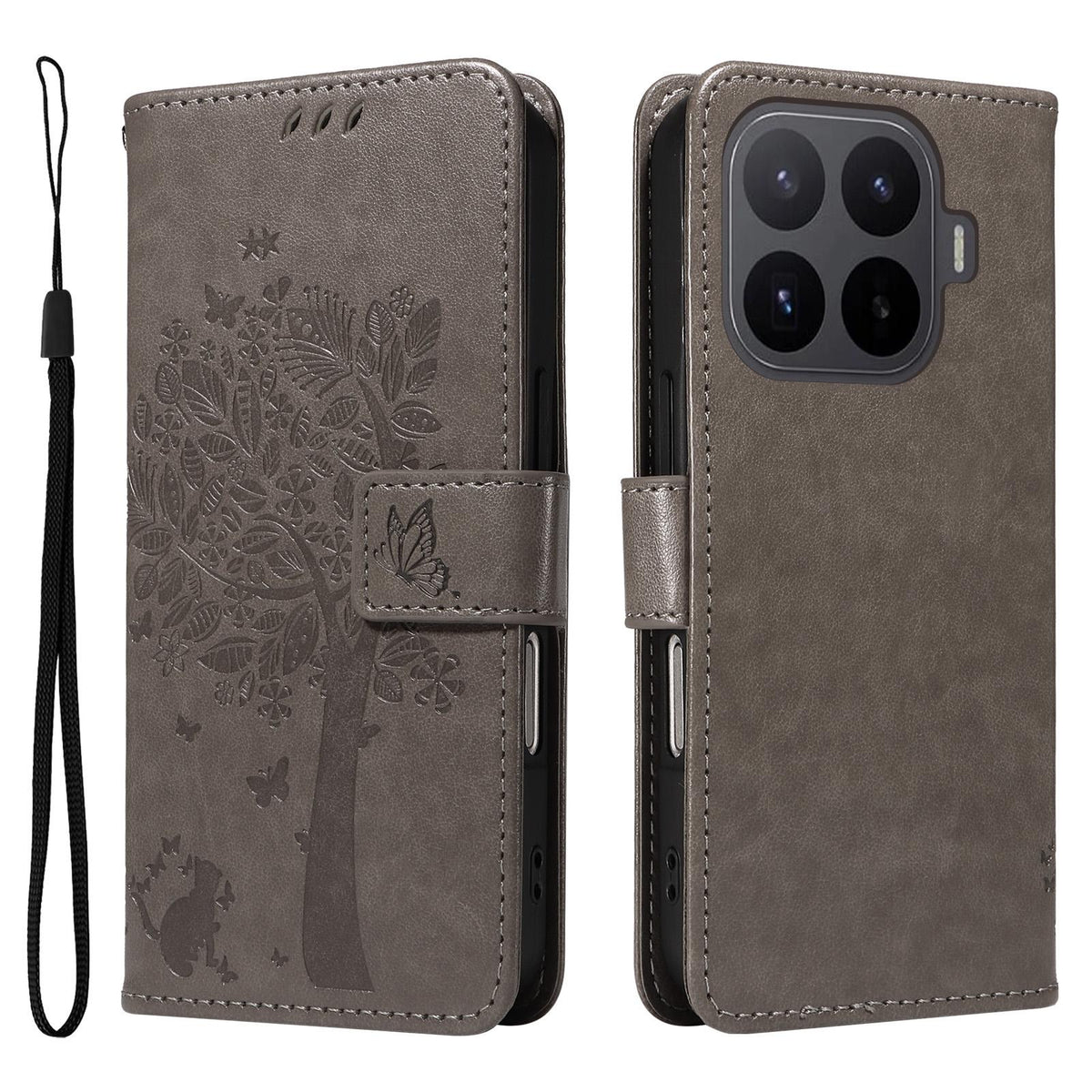 For Xiaomi 17T Pro 5G Global Tree & Cat Embossed Pattern Flip Leather Phone Case - Grey - EDA006653814E