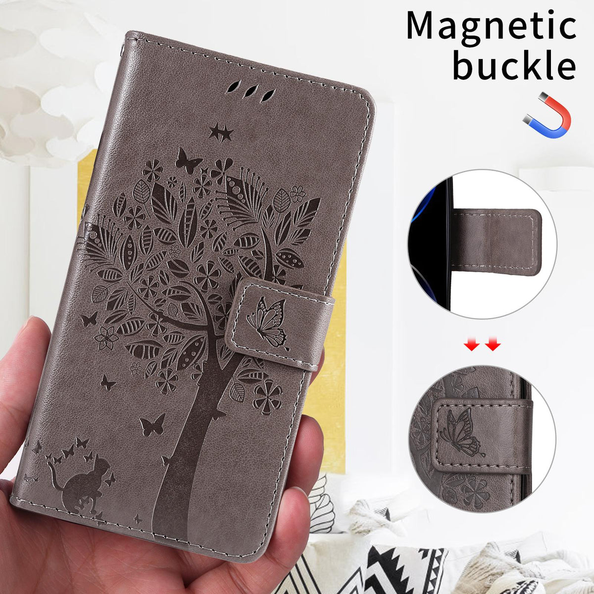 For Xiaomi 17T Pro 5G Global Tree & Cat Embossed Pattern Flip Leather Phone Case - Grey - EDA006653814E