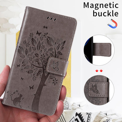 For Xiaomi 17T Pro 5G Global Tree & Cat Embossed Pattern Flip Leather Phone Case - Grey - EDA006653814E
