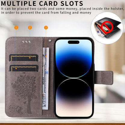 For Xiaomi 17T Pro 5G Global Tree & Cat Embossed Pattern Flip Leather Phone Case - Grey - EDA006653814E