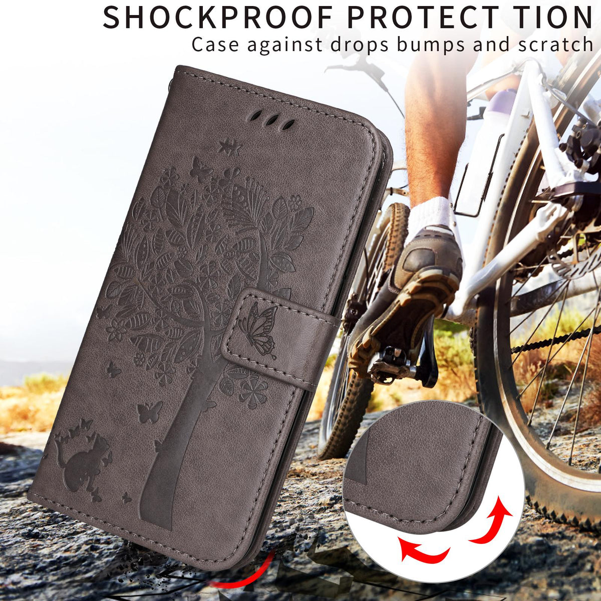 For Xiaomi 17T Pro 5G Global Tree & Cat Embossed Pattern Flip Leather Phone Case - Grey - EDA006653814E