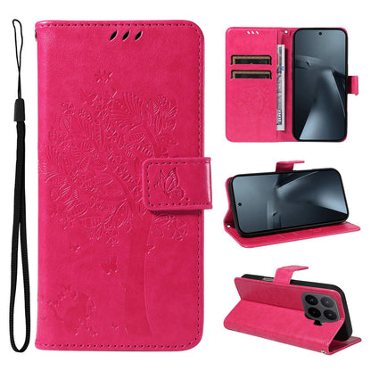 For Xiaomi 17T Pro 5G Global Tree & Cat Embossed Pattern Flip Leather Phone Case - Rose Red - EDA006653814F