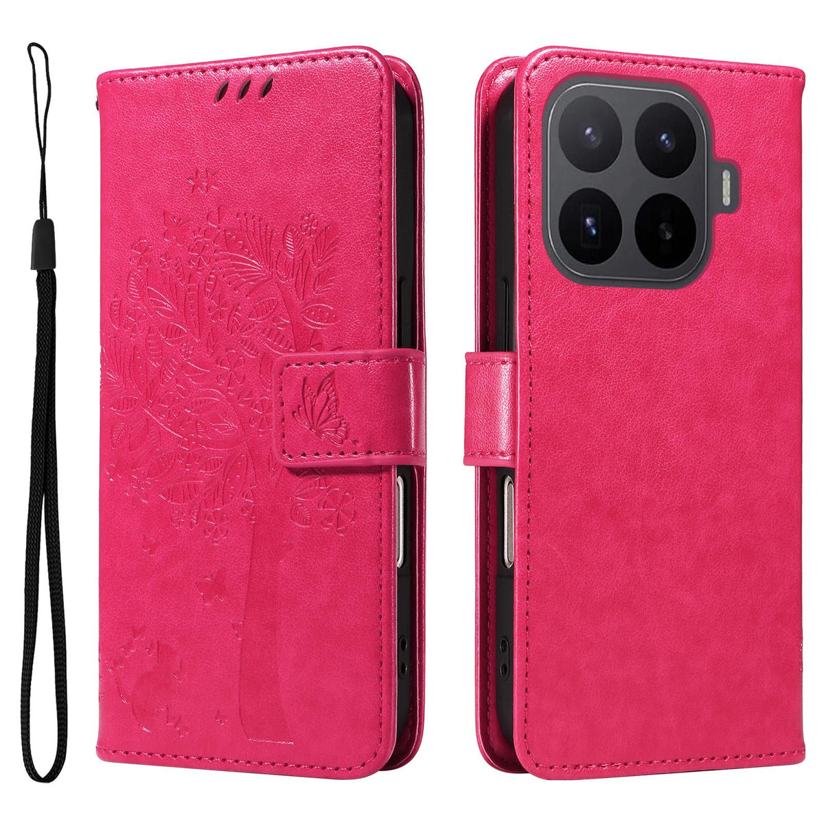 For Xiaomi 17T Pro 5G Global Tree & Cat Embossed Pattern Flip Leather Phone Case - Rose Red - EDA006653814F