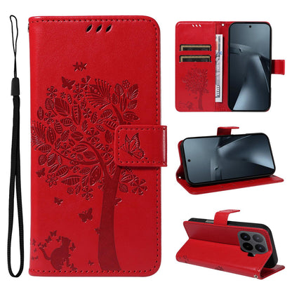 For Xiaomi 17T Pro 5G Global Tree & Cat Embossed Pattern Flip Leather Phone Case - Red - EDA006653814G