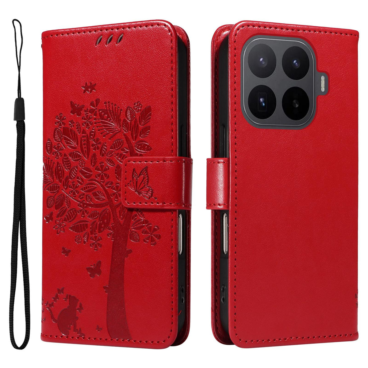 For Xiaomi 17T Pro 5G Global Tree & Cat Embossed Pattern Flip Leather Phone Case - Red - EDA006653814G