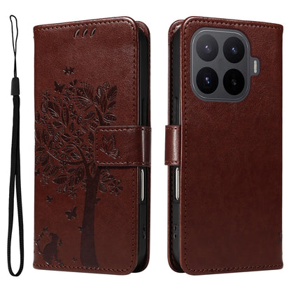 For Xiaomi 17T Pro 5G Global Tree & Cat Embossed Pattern Flip Leather Phone Case - Coffee - EDA006653814H