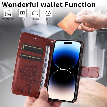 For Xiaomi 17T Pro 5G Global Tree & Cat Embossed Pattern Flip Leather Phone Case - Coffee - EDA006653814H