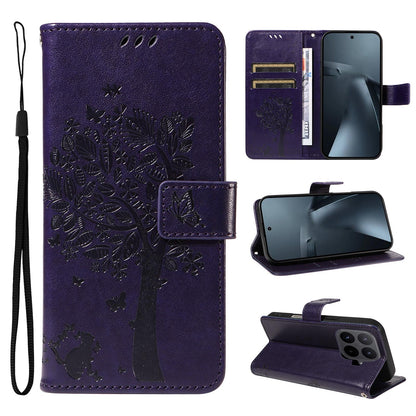 For Xiaomi 17T Pro 5G Global Tree & Cat Embossed Pattern Flip Leather Phone Case - Purple - EDA006653814I
