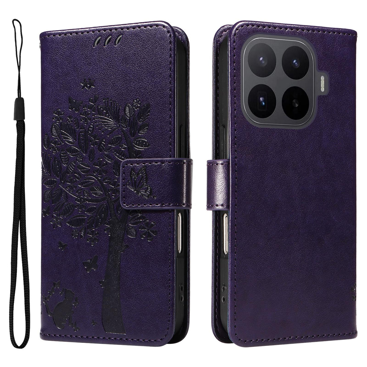For Xiaomi 17T Pro 5G Global Tree & Cat Embossed Pattern Flip Leather Phone Case - Purple - EDA006653814I