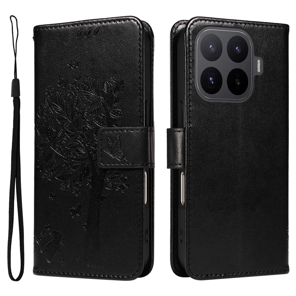 For Xiaomi 17T Pro 5G Global Tree & Cat Embossed Pattern Flip Leather Phone Case - Black - EDA006653814J