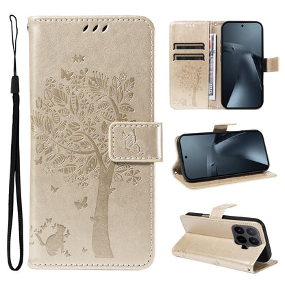 For Xiaomi 17T Pro 5G Global Tree & Cat Embossed Pattern Flip Leather Phone Case - Gold - EDA006653814K