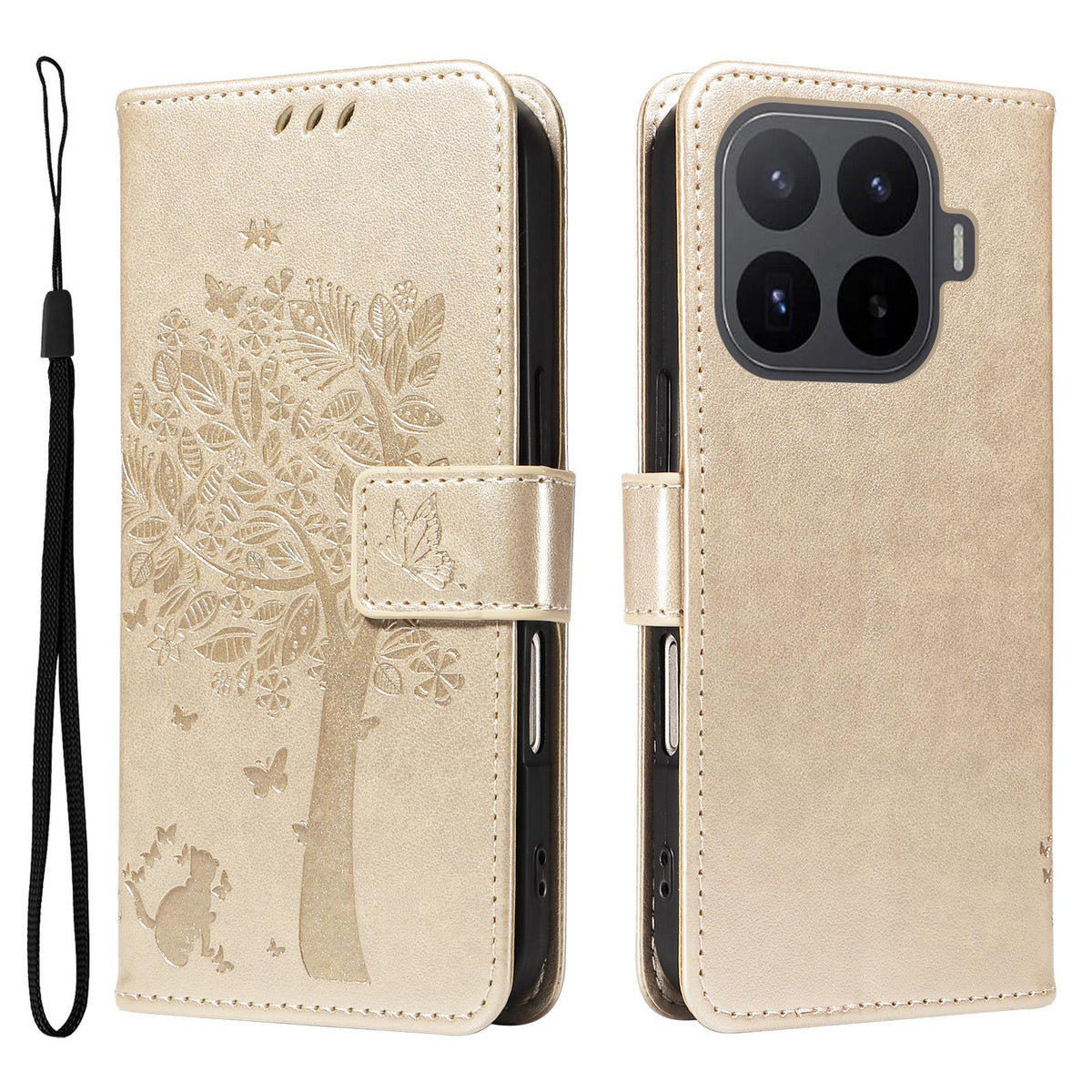 For Xiaomi 17T Pro 5G Global Tree & Cat Embossed Pattern Flip Leather Phone Case - Gold - EDA006653814K