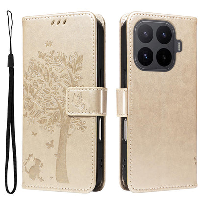 For Xiaomi 17T Pro 5G Global Tree & Cat Embossed Pattern Flip Leather Phone Case - Gold - EDA006653814K