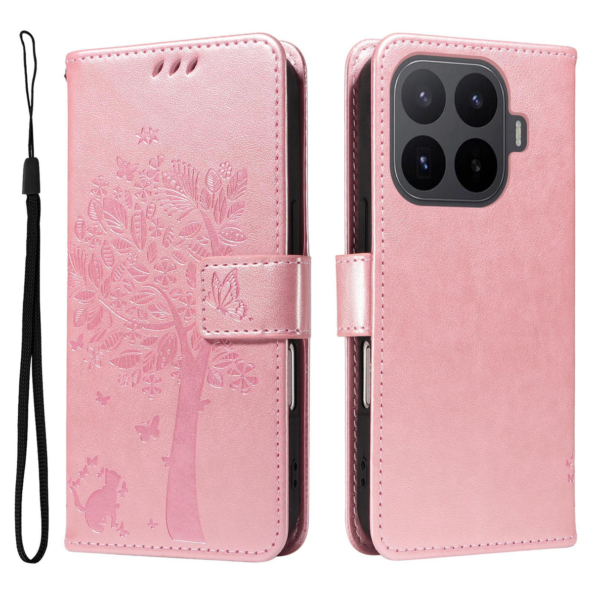 For Xiaomi 17T Pro 5G Global Tree & Cat Embossed Pattern Flip Leather Phone Case - Rose Gold - EDA006653814L