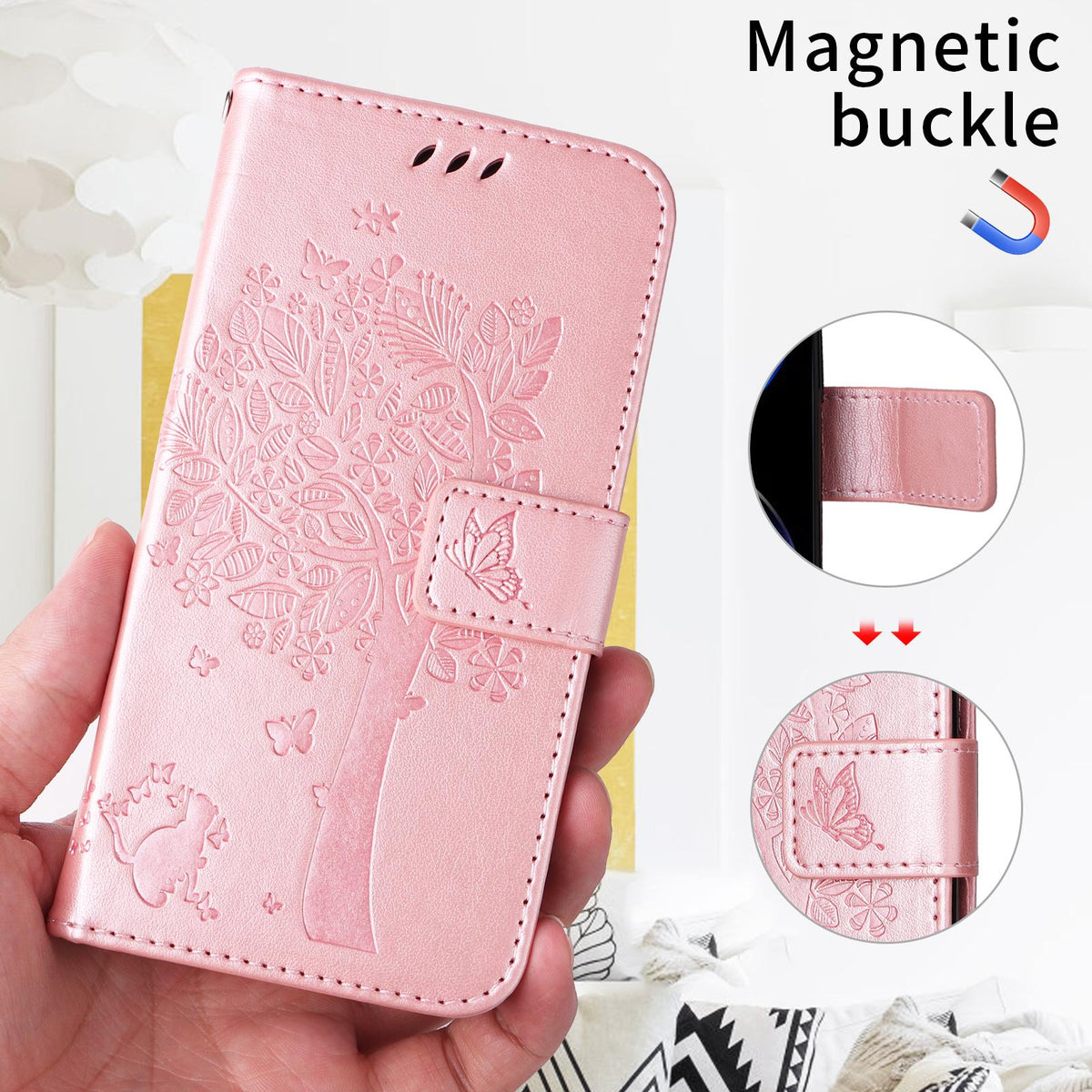For Xiaomi 17T Pro 5G Global Tree & Cat Embossed Pattern Flip Leather Phone Case - Rose Gold - EDA006653814L