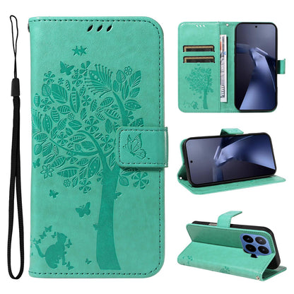 For Xiaomi 17T 5G Global Tree & Cat Embossed Pattern Flip Leather Phone Case - Green - EDA006653815B